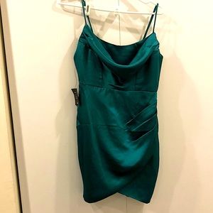 Lulus Green Satin Cowl Neck Tulip Mini Dress